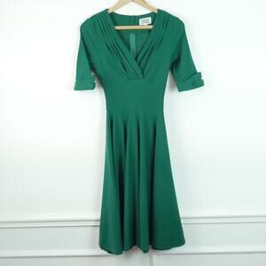 Unique Vintage XS Dress Green Fit Flare Rockabilly Retro Pinup Midi Classic